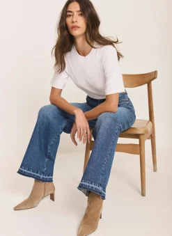 Mid Indigo Hem Detail Wide Leg Jean