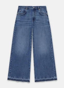 Mid Indigo Hem Detail Wide Leg Jean