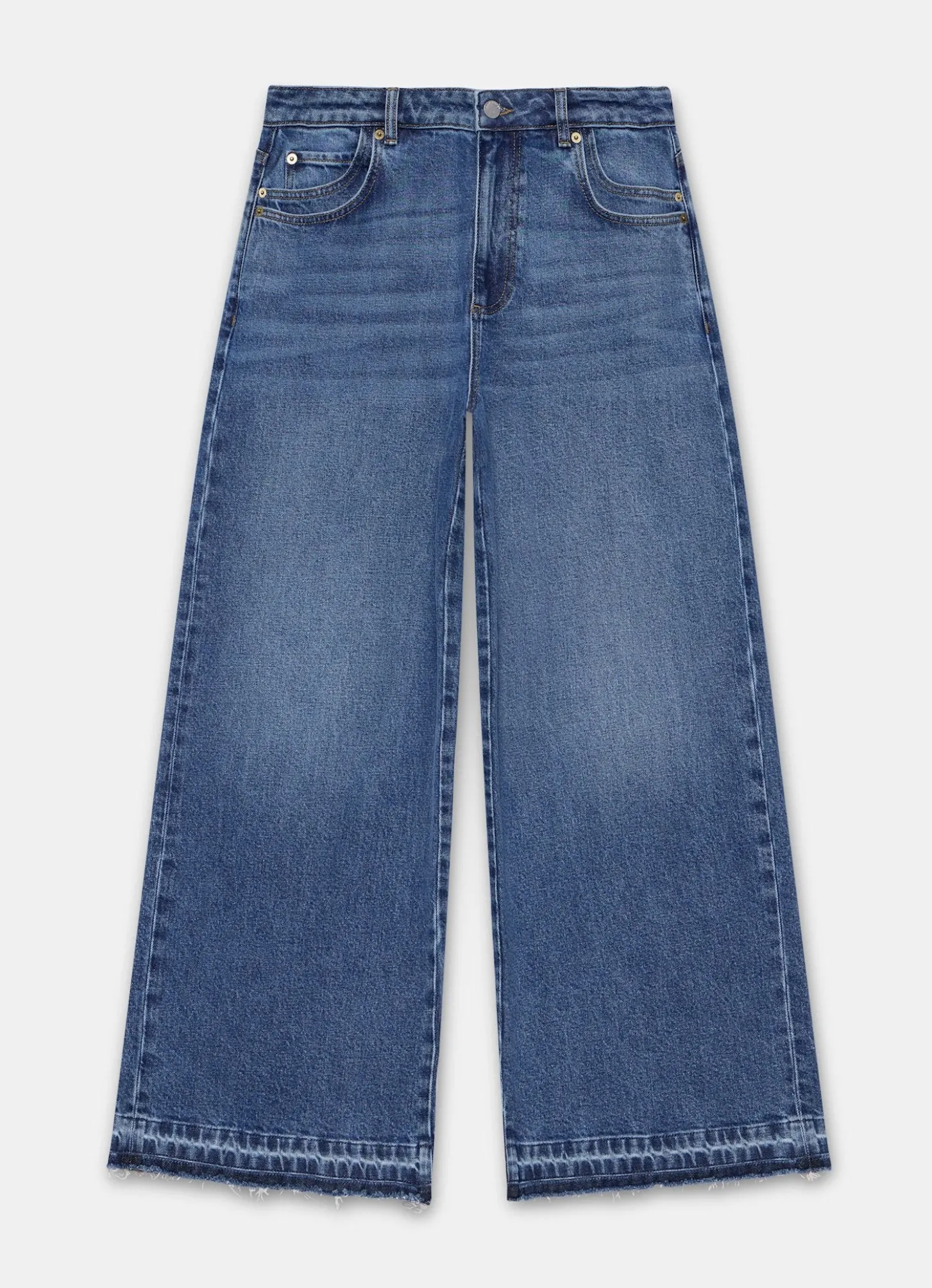 Mid Indigo Hem Detail Wide Leg Jean