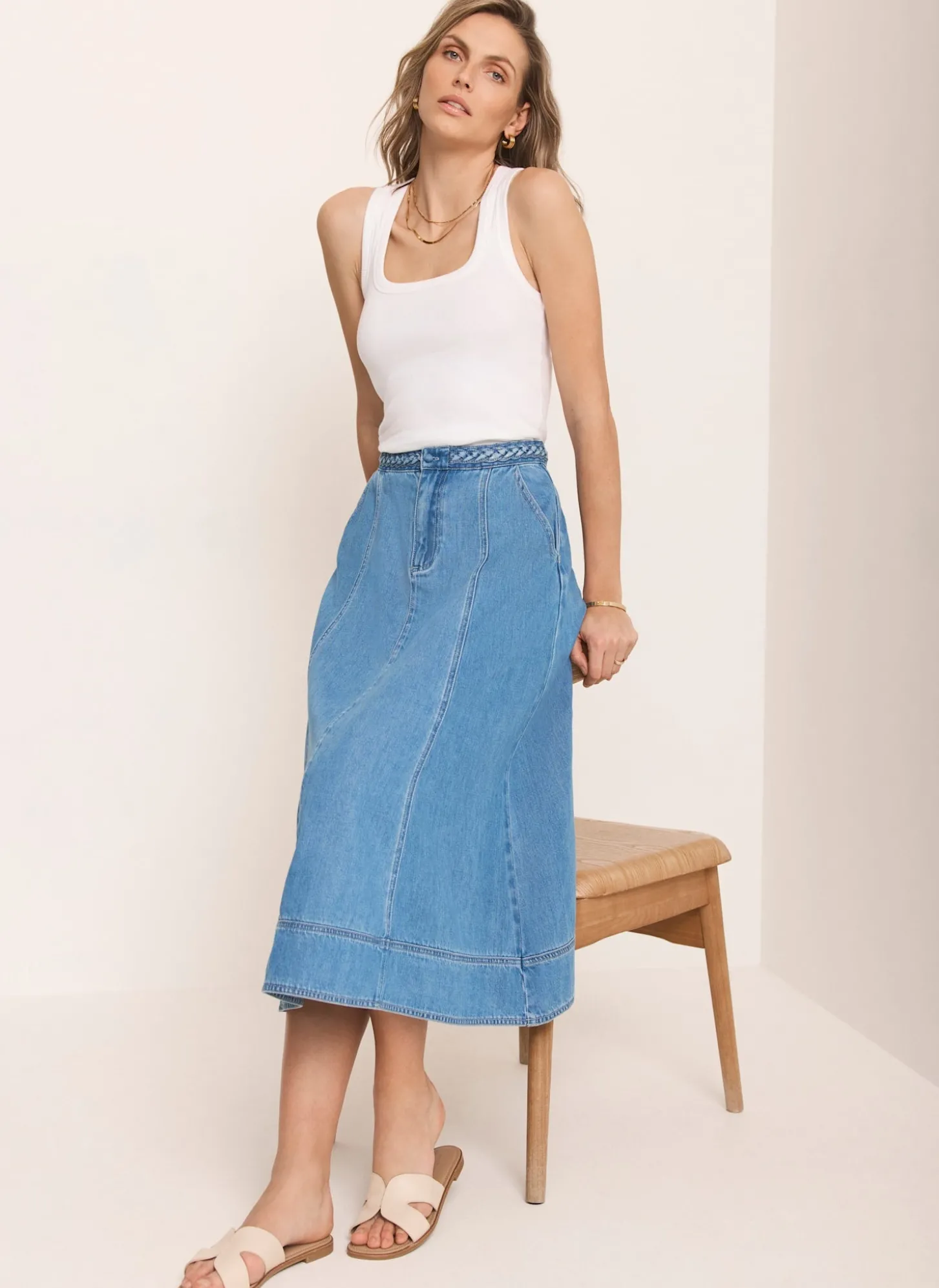 Mid Indigo Plait Detail Denim Midi Skirt