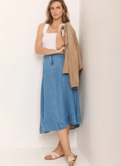 Mid Indigo Plait Detail Denim Midi Skirt