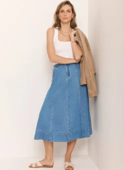 Mid Indigo Plait Detail Denim Midi Skirt