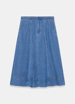 Mid Indigo Plait Detail Denim Midi Skirt