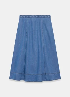Mid Indigo Plait Detail Denim Midi Skirt
