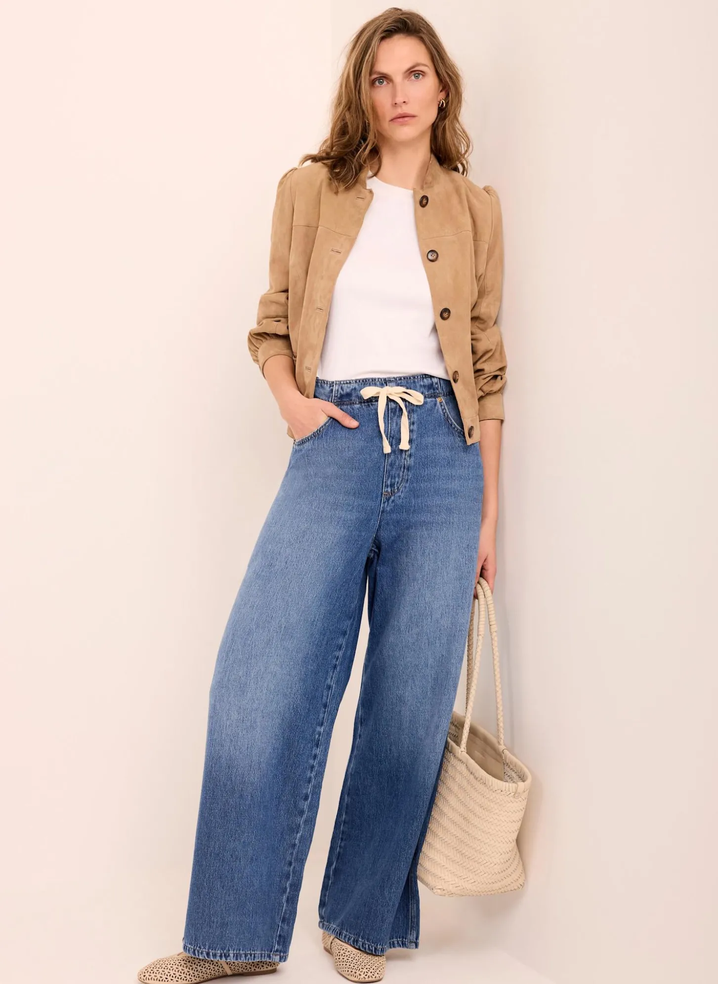 Mid Indigo Tie Waist Wide Leg Jeans