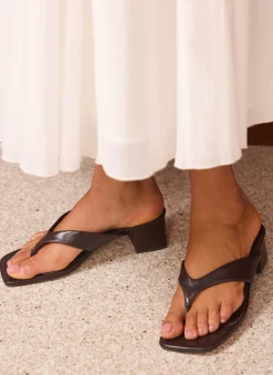 Millie Brown Leather Block Flip Flop Heels