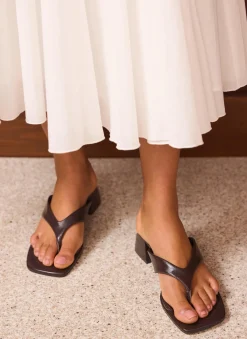 Millie Brown Leather Block Flip Flop Heels