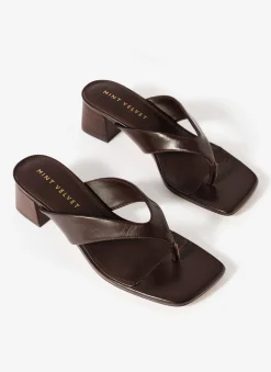 Millie Brown Leather Block Flip Flop Heels