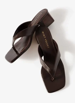 Millie Brown Leather Block Flip Flop Heels