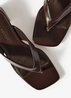 Millie Brown Leather Block Flip Flop Heels