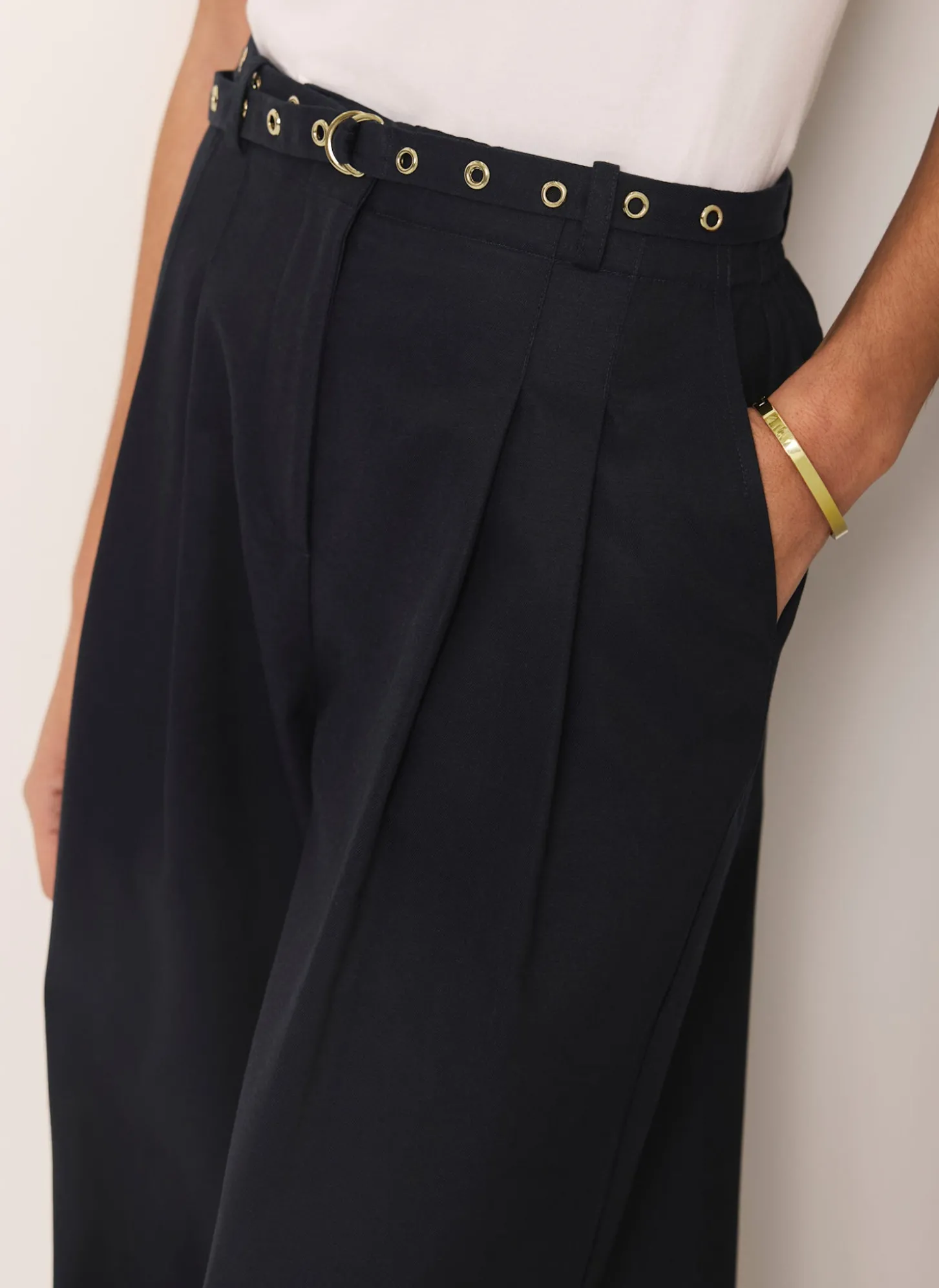 Navy Belt Wide Leg Trouser