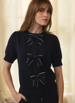 Navy Bow Detail Knit Top