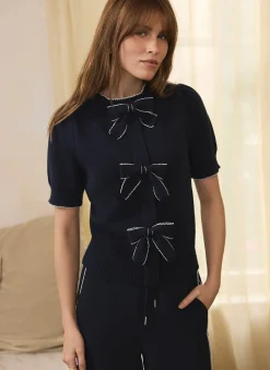 Navy Bow Detail Knit Top