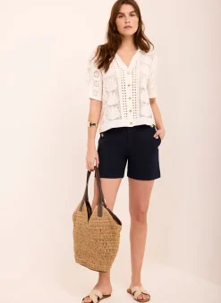 Navy Button Front Chino Shorts