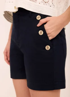 Navy Button Front Chino Shorts