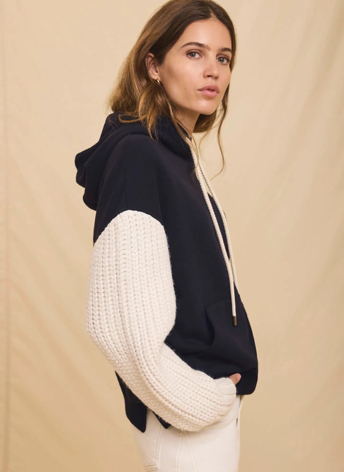 Navy Cotton Blend Contrast Sleeve Hoodie