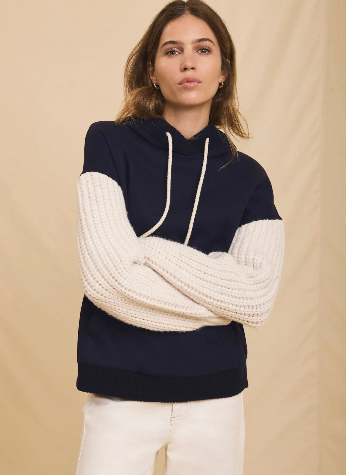 Navy Cotton Blend Contrast Sleeve Hoodie