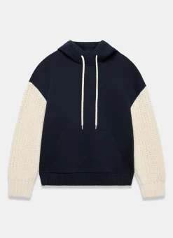 Navy Cotton Blend Contrast Sleeve Hoodie