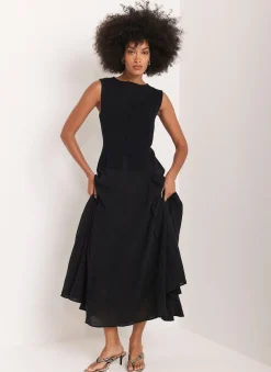 Navy Cotton Blend Drop Waist Maxi Dress