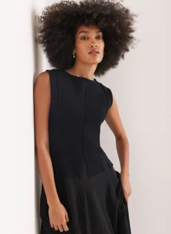 Navy Cotton Blend Drop Waist Maxi Dress