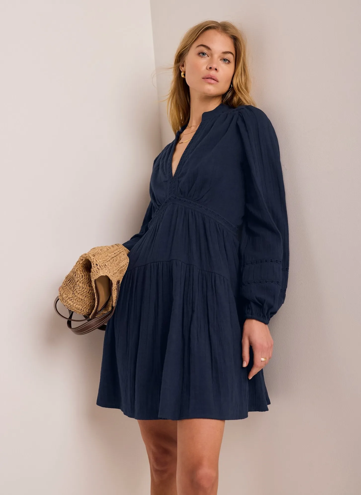 Navy Cotton Cheesecloth Mini Dress