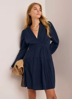 Navy Cotton Cheesecloth Mini Dress