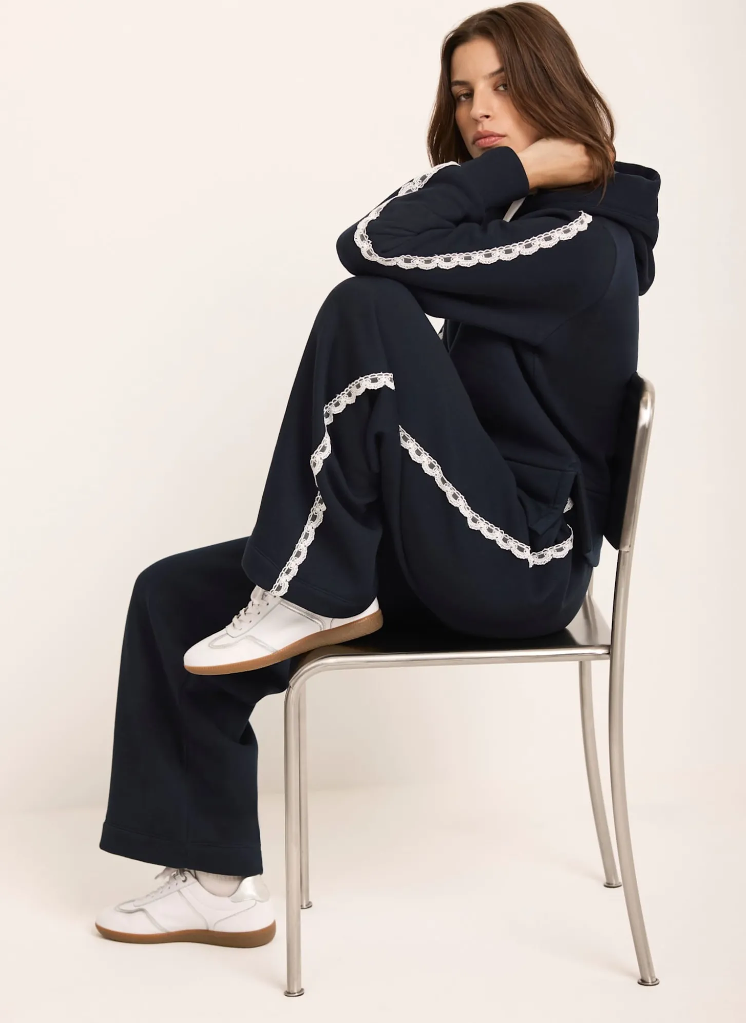 Navy Crochet Trim Hoodie