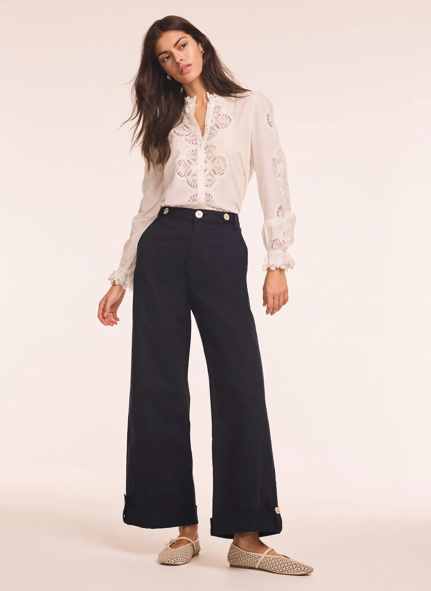 Navy Cropped Wide Chino Trousers