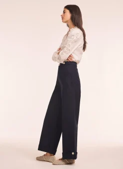 Navy Cropped Wide Chino Trousers