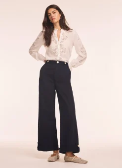 Navy Cropped Wide Chino Trousers