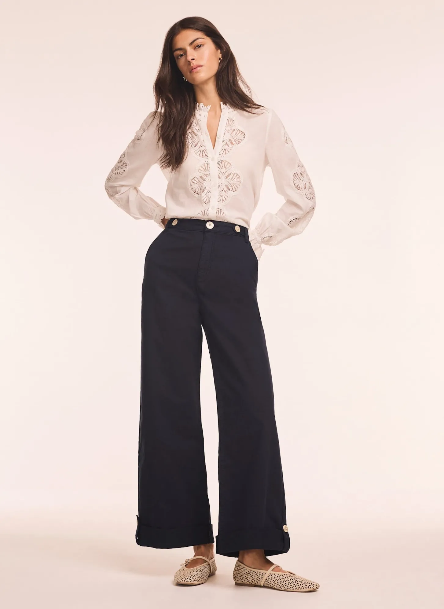 Navy Cropped Wide Chino Trousers