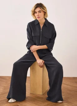 Navy Drawstring Wide Leg Trousers