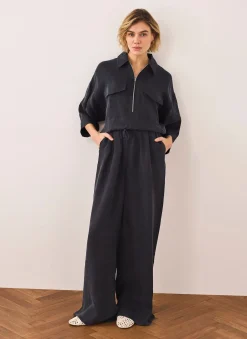 Navy Drawstring Wide Leg Trousers