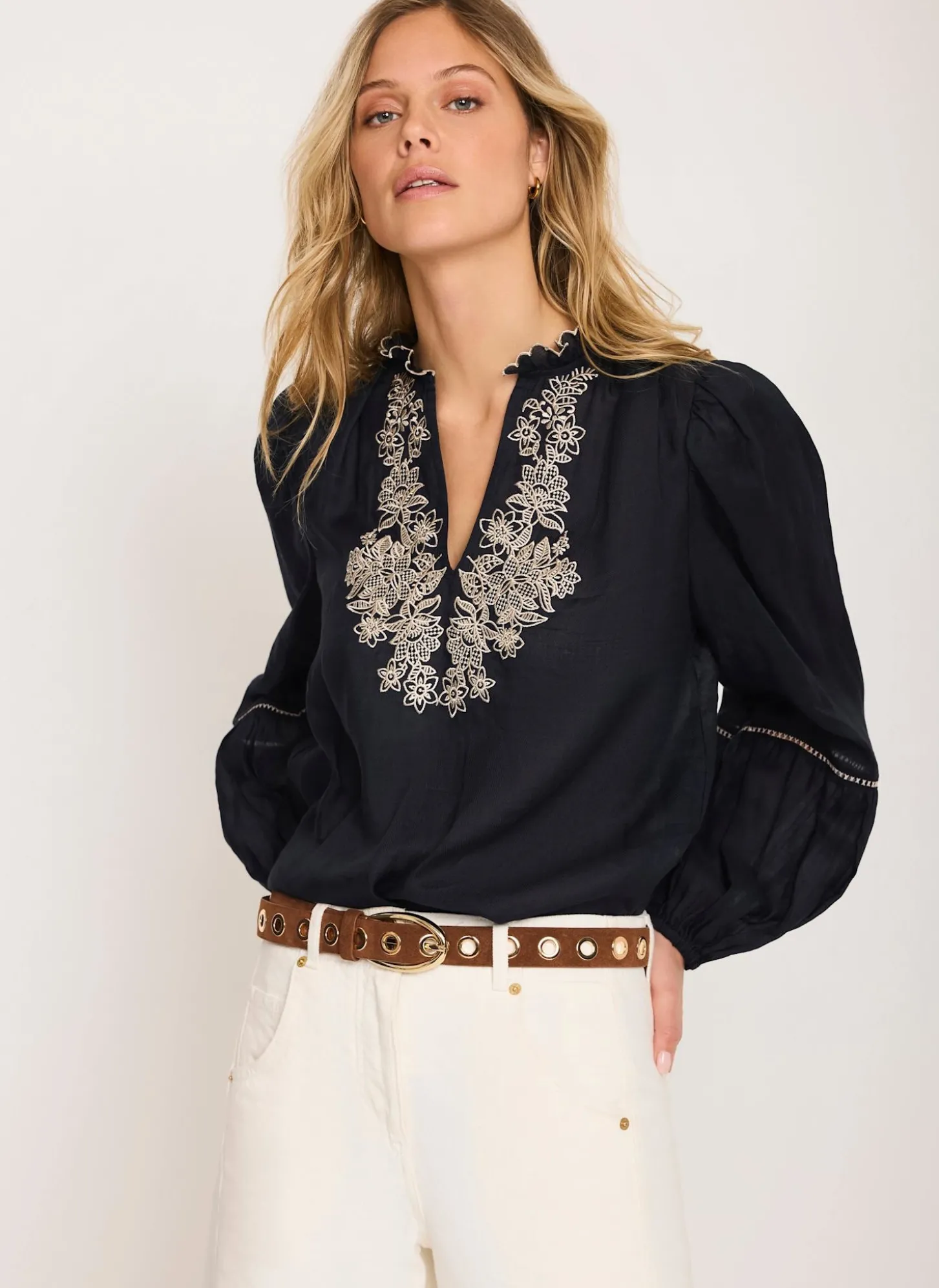 Navy Embroidered Detail Blouse