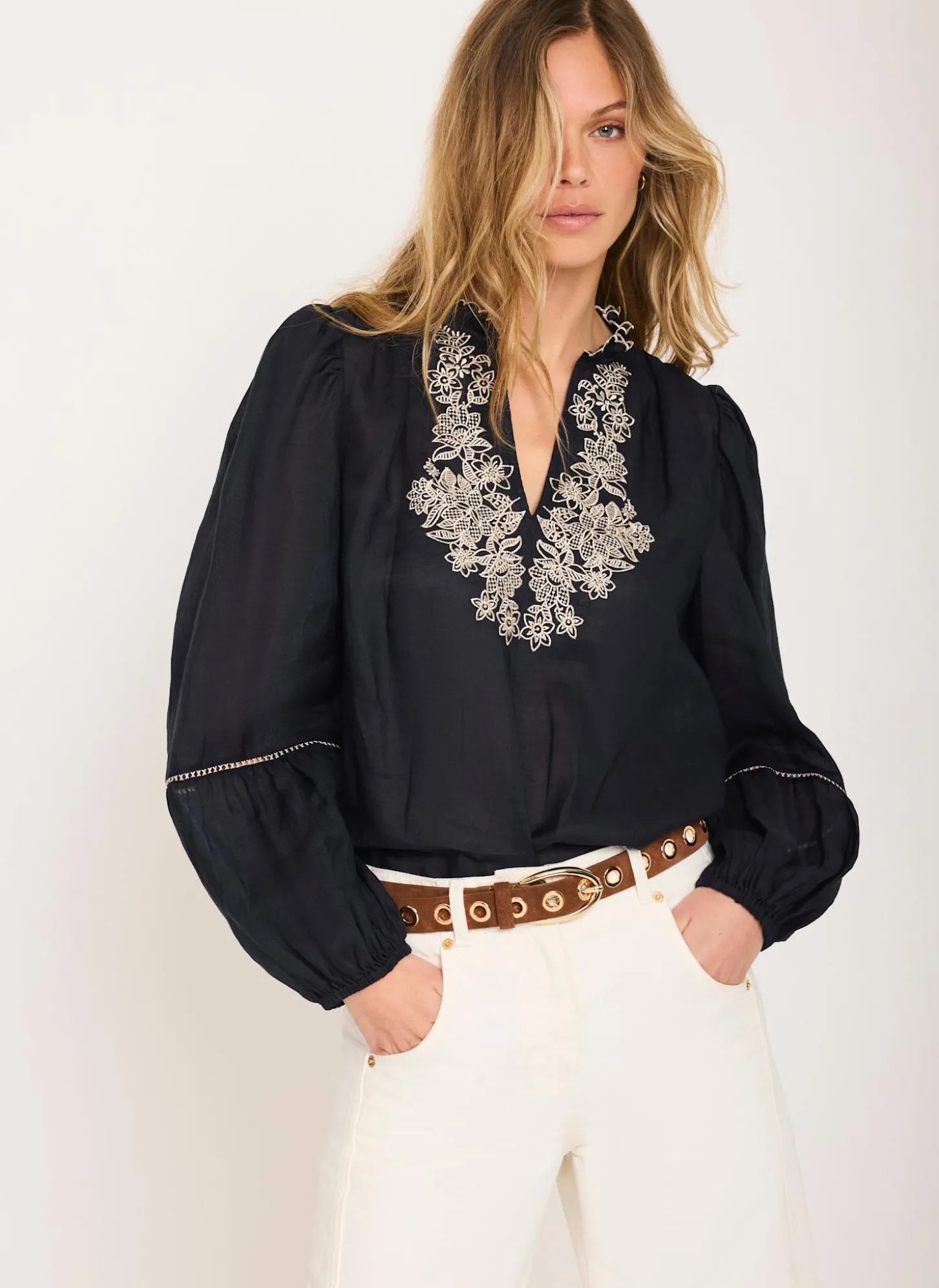 Navy Embroidered Detail Blouse