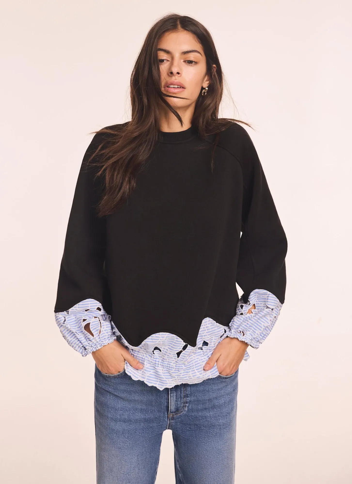 Navy Embroidered Hem Sweatshirt
