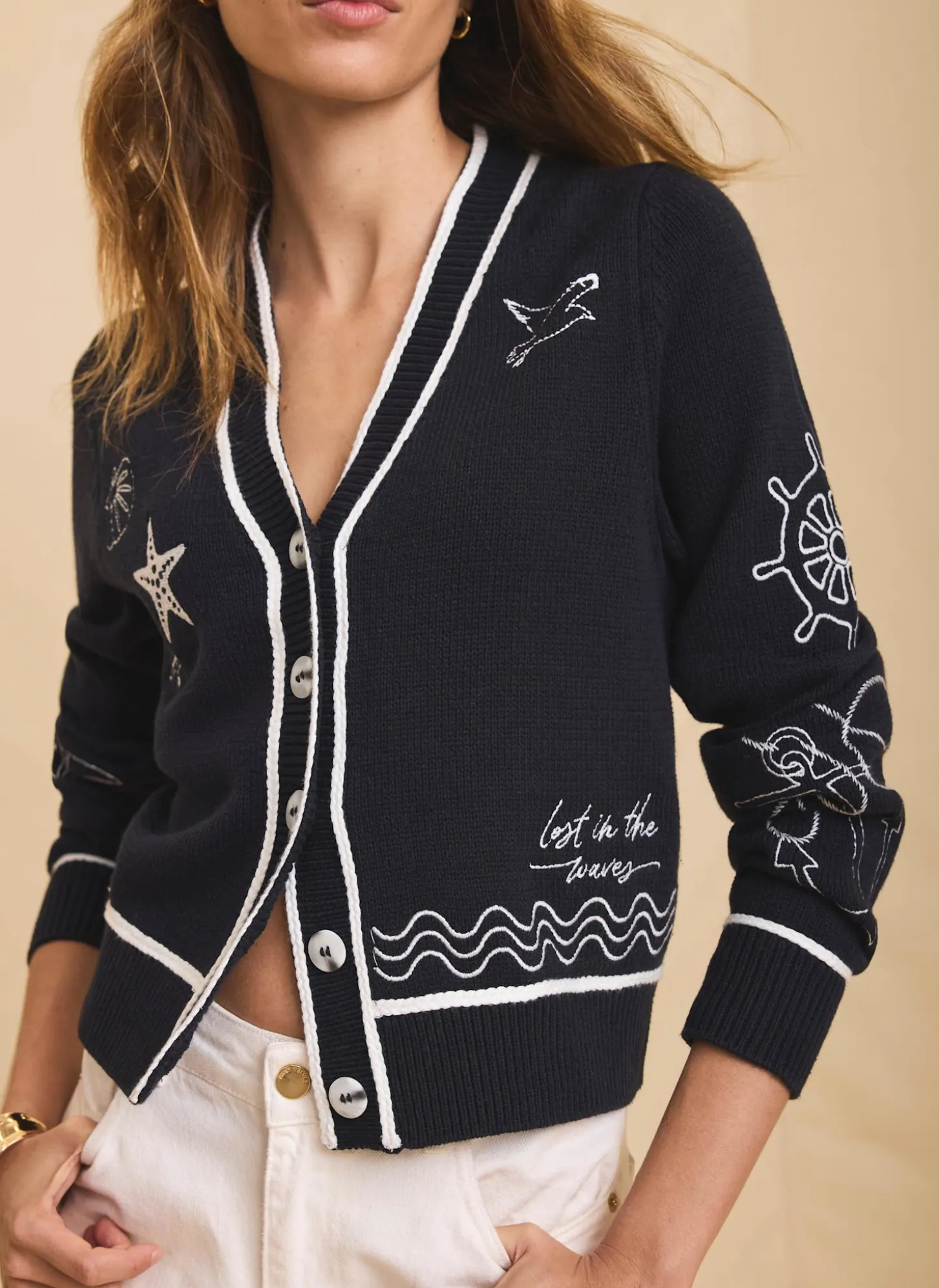 Navy Embroidered Marine Knit Cardigan