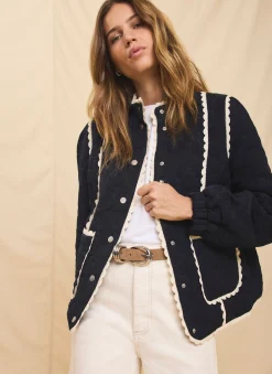 Navy Floral Jacquard Quilted Jacket