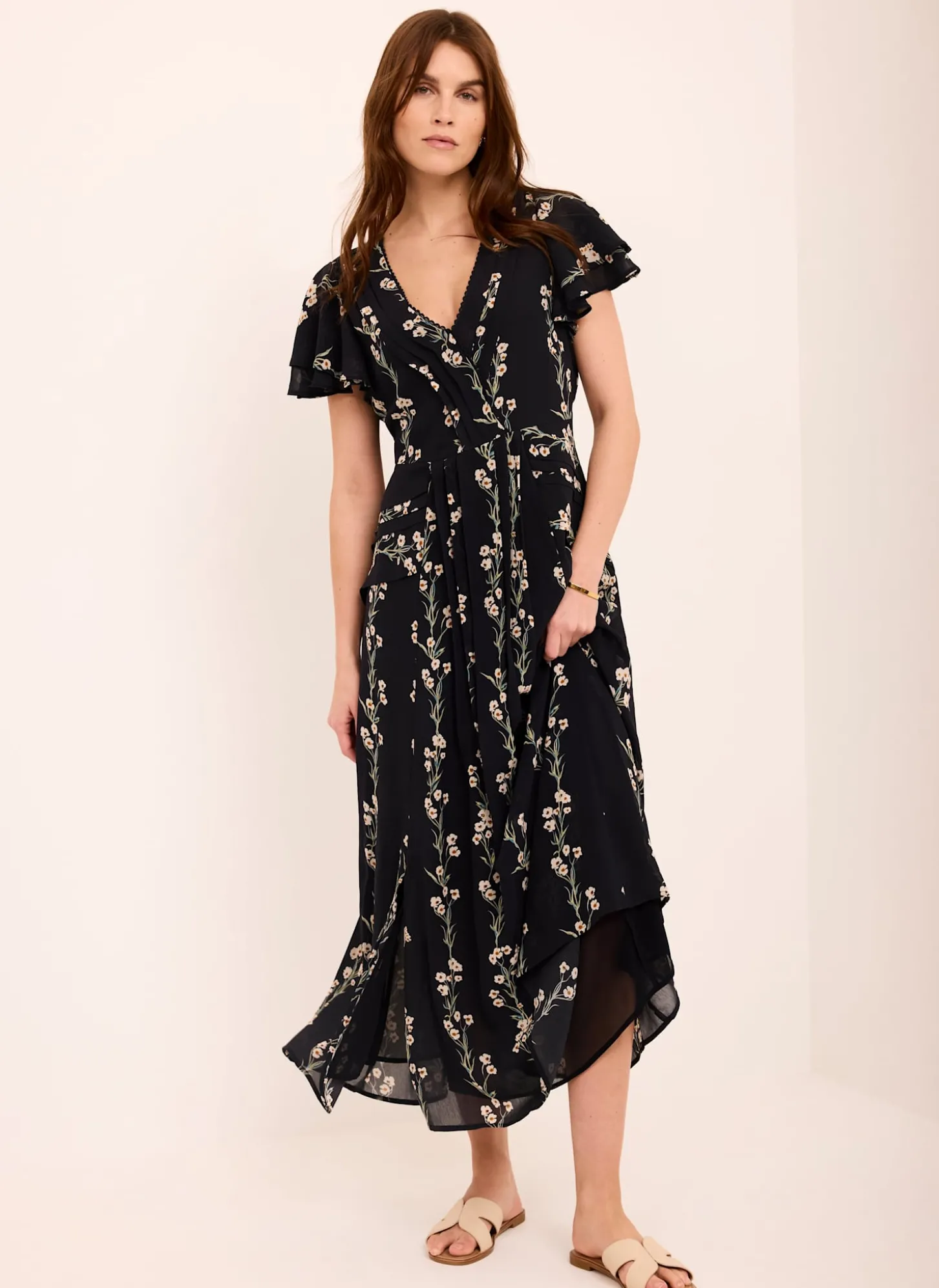 Navy Floral Print Midi Dress