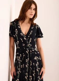 Navy Floral Print Midi Dress