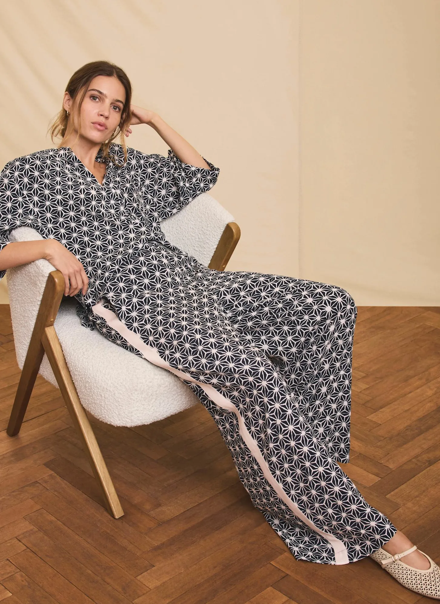 Navy Geometric Print Wide Trousers