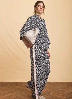 Navy Geometric Print Wide Trousers