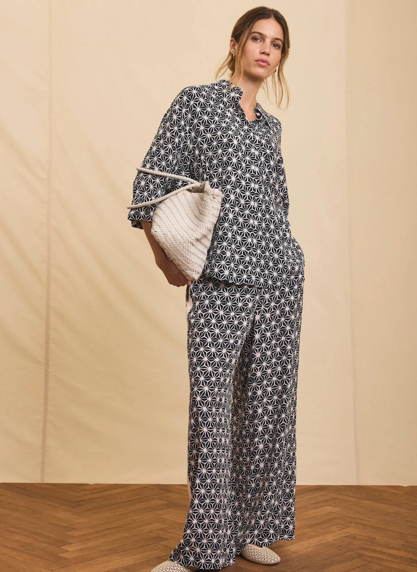 Navy Geometric Print Wide Trousers