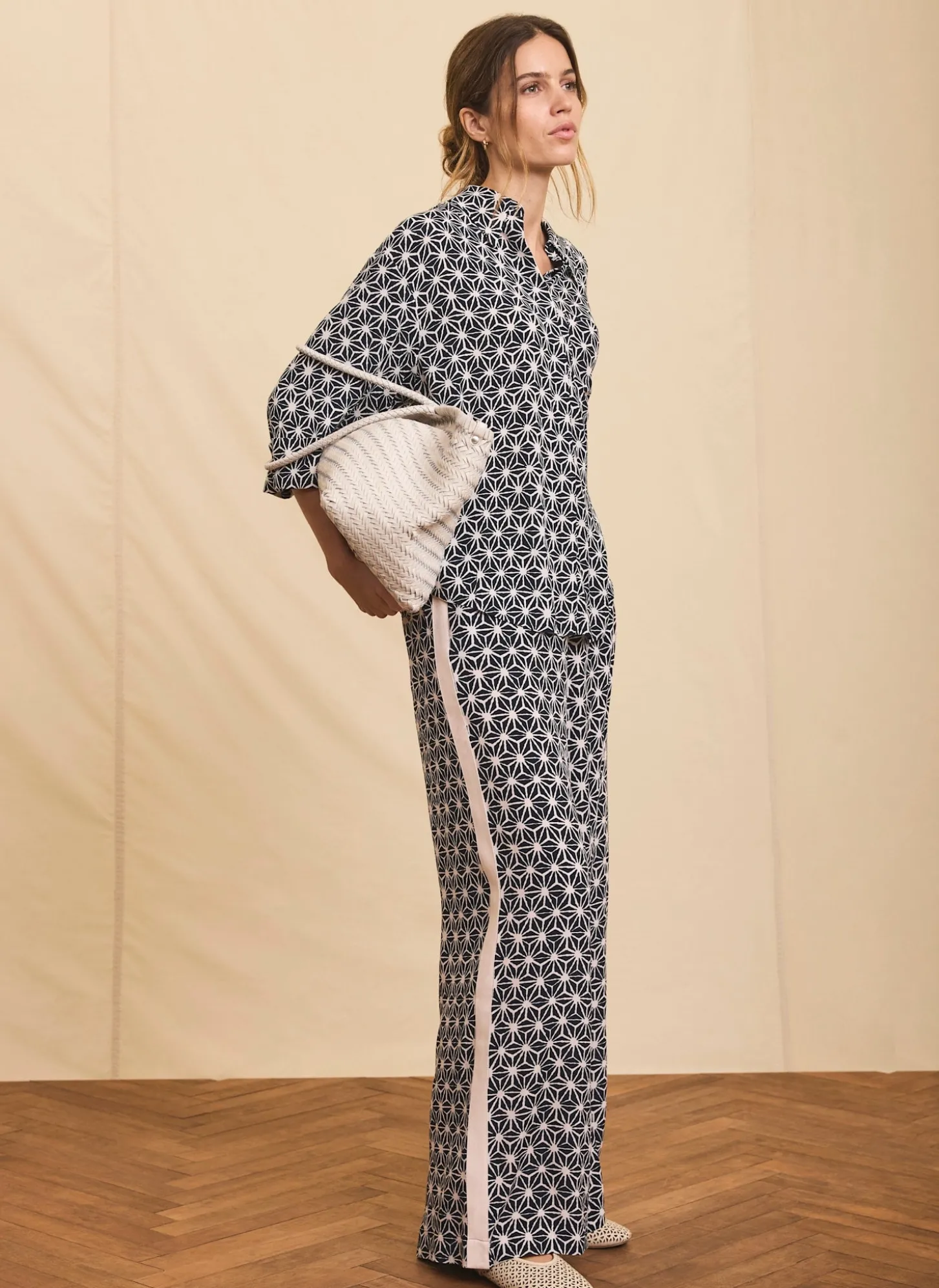Navy Geometric Print Wide Trousers