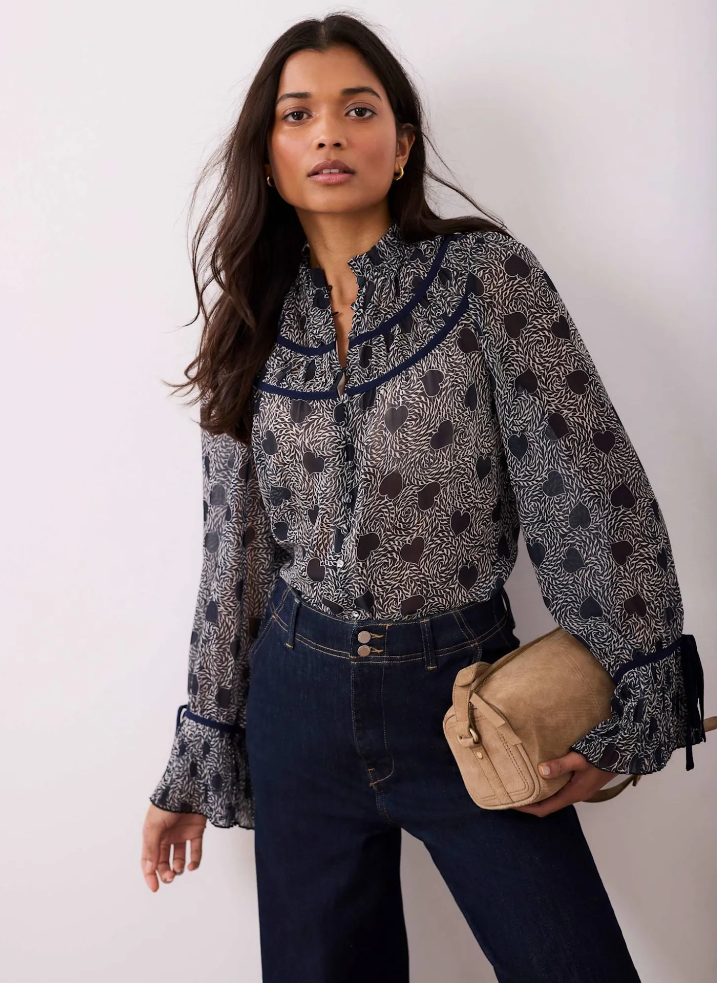 Navy Heart Print Chiffon Blouse