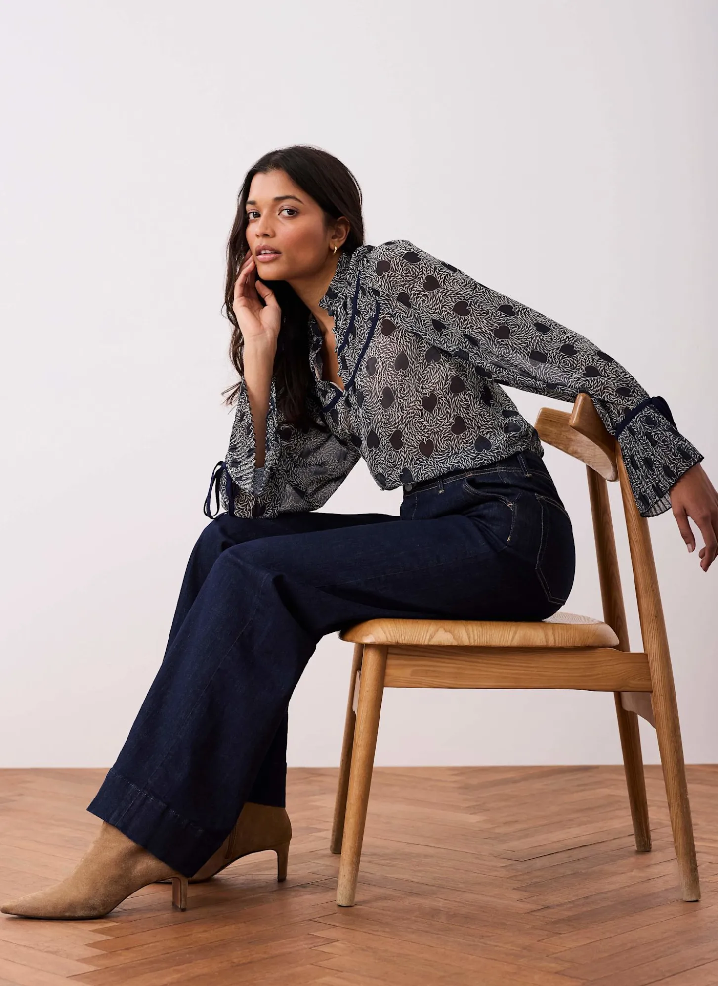 Navy Heart Print Chiffon Blouse