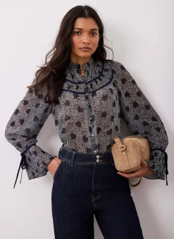 Navy Heart Print Chiffon Blouse