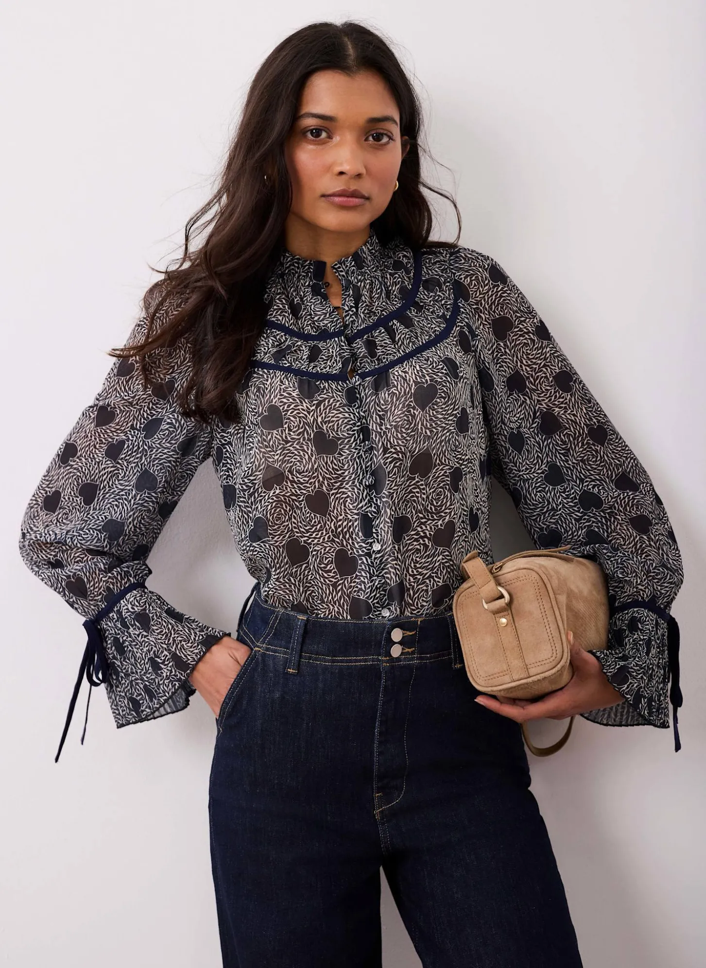 Navy Heart Print Chiffon Blouse