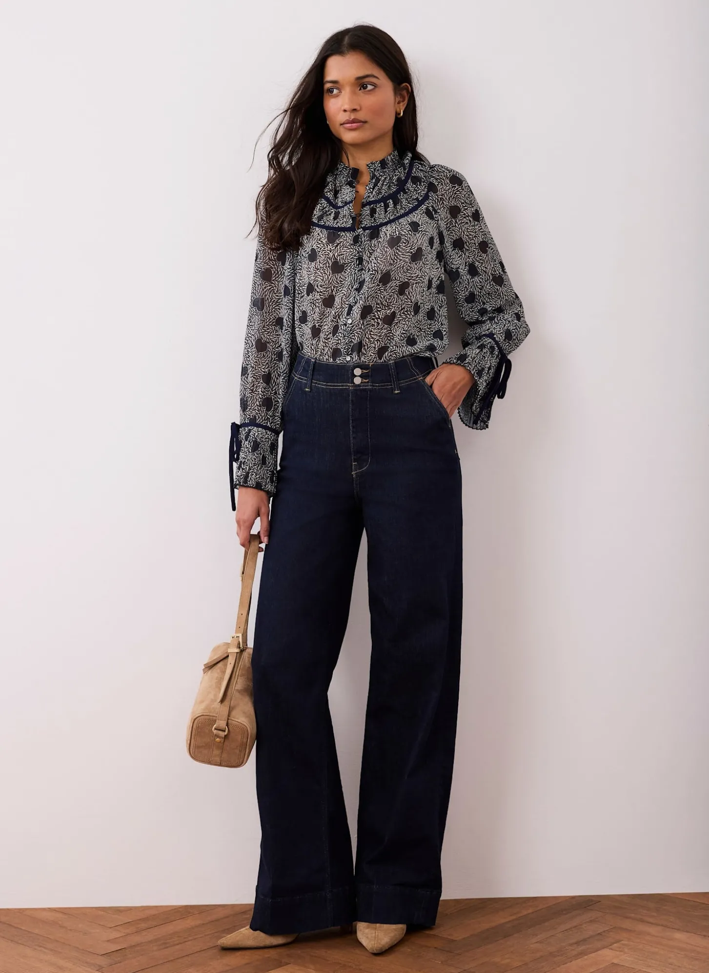 Navy Heart Print Chiffon Blouse