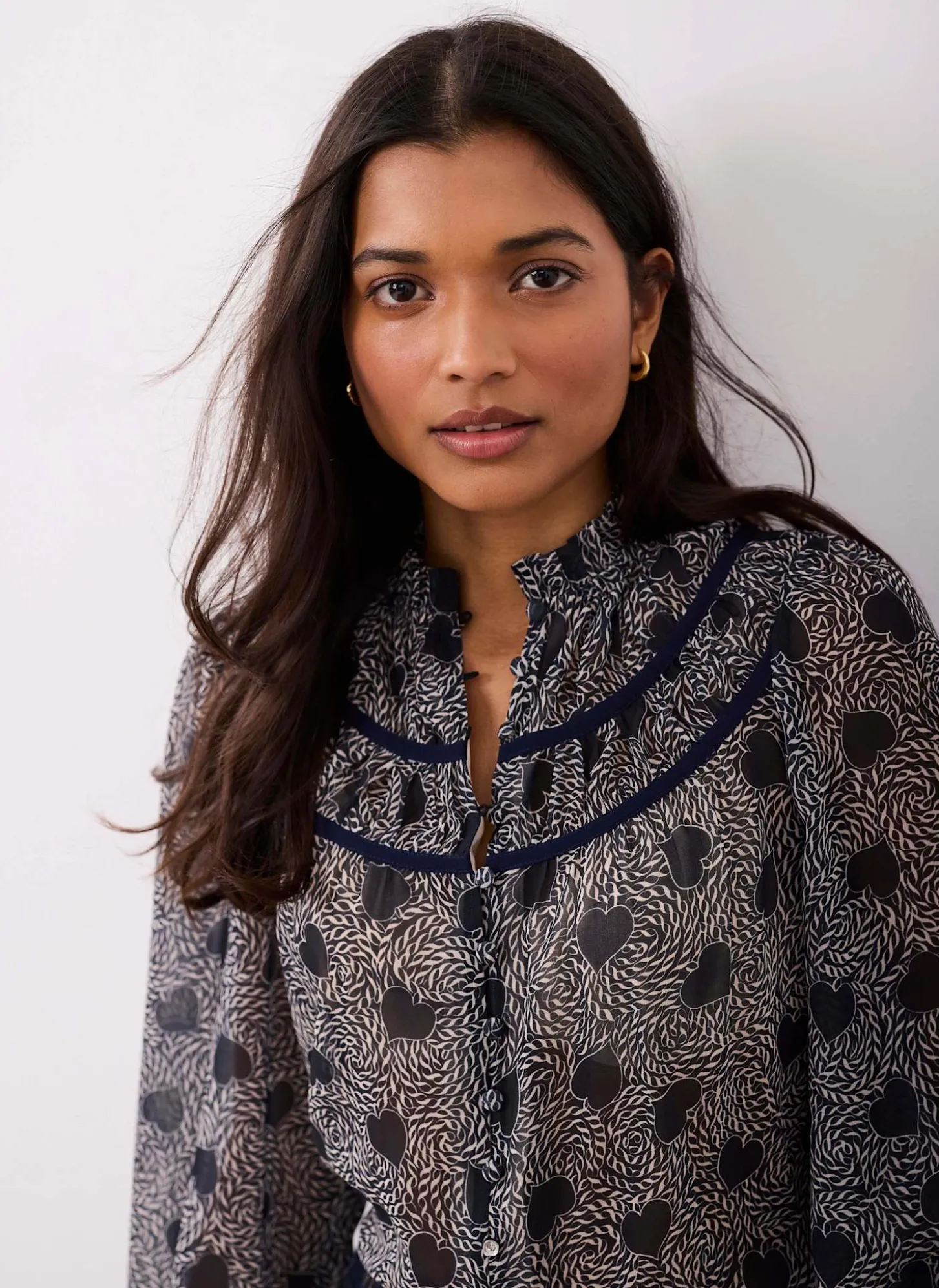 Navy Heart Print Chiffon Blouse